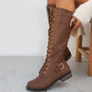 New Tan Lace-Up Military Combat Moto Boots Knee High Low Block Heel Lug Platform